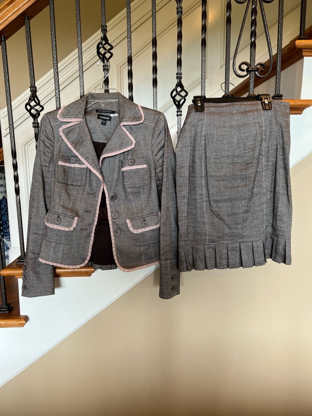 Bebe size 4 brown Tweed Jacket & Skirt Set with Pink Trim